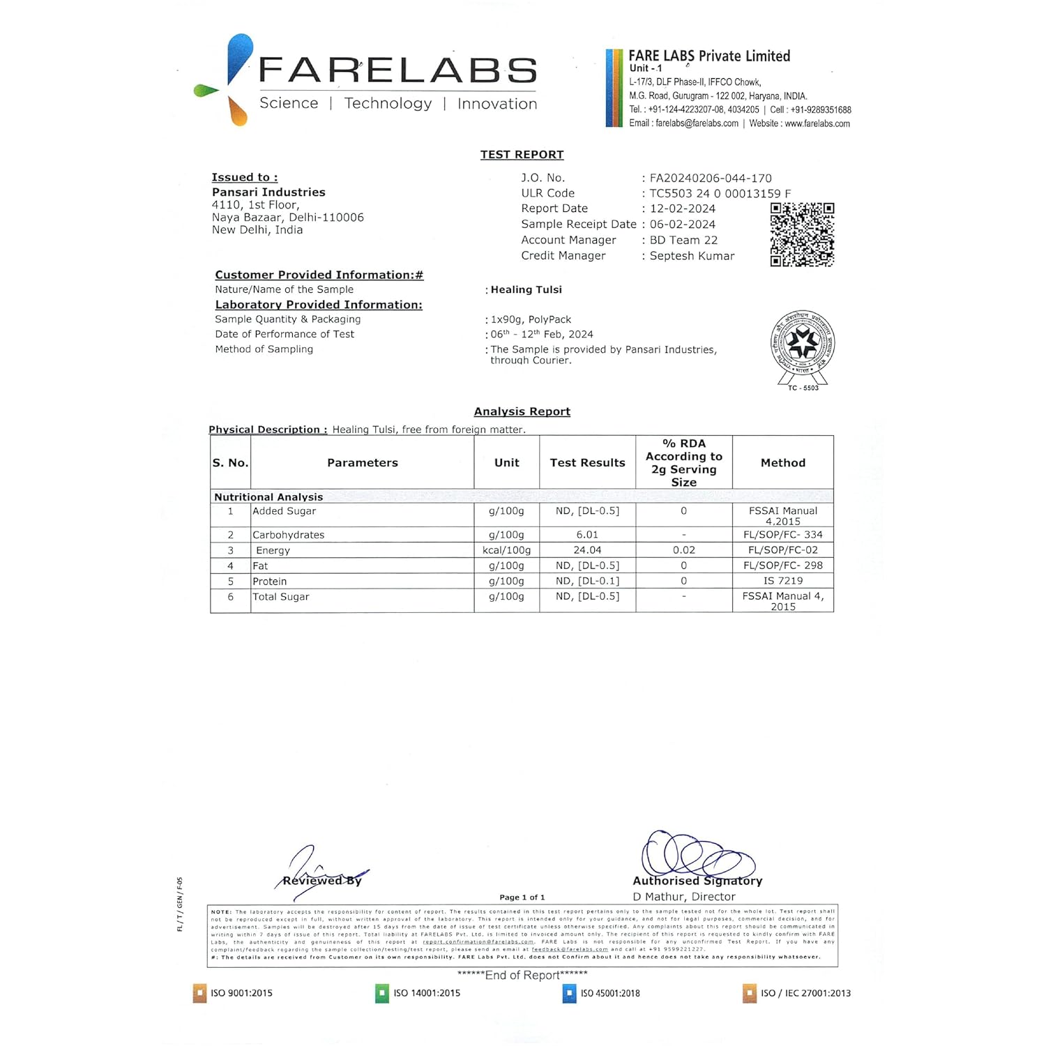 Farelabs test report for TVOY Tulsi Green Tea – certified for purity and safety