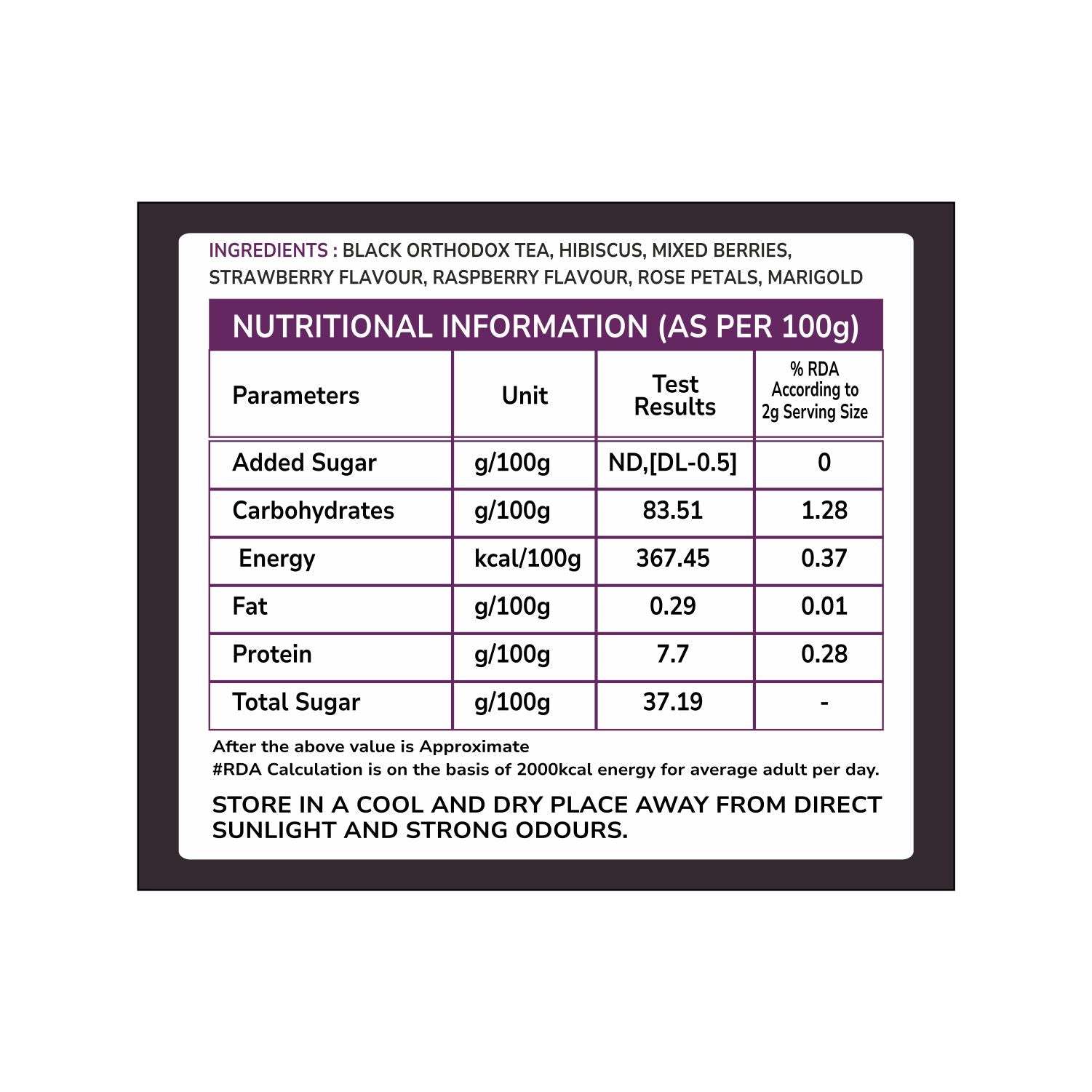 Tvoy Wild Berries Black Tea box ingredients – printed blend of black tea and wild berries