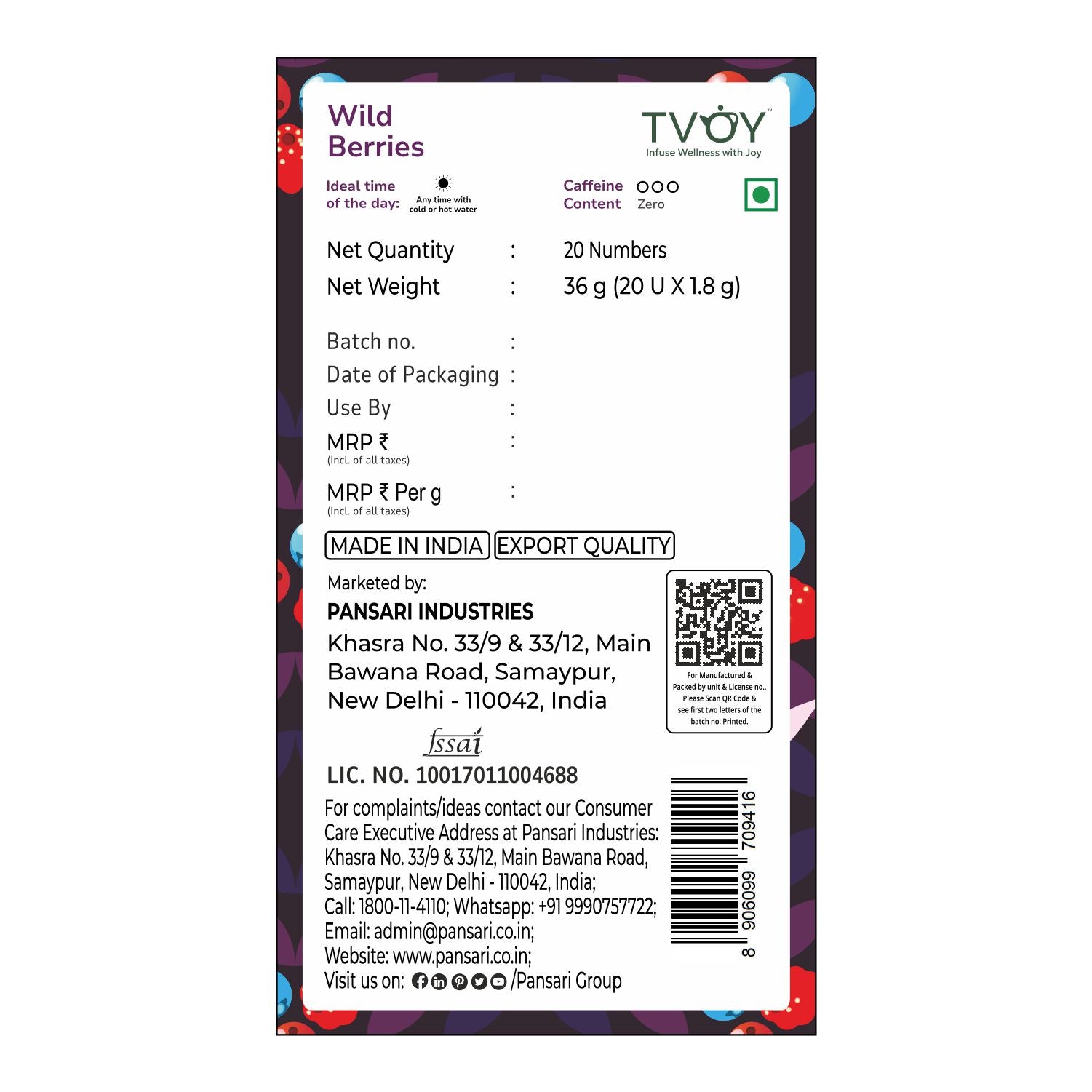 Tvoy Wild Berries Black Tea package labels – product info, net weight and number of tea bags included.