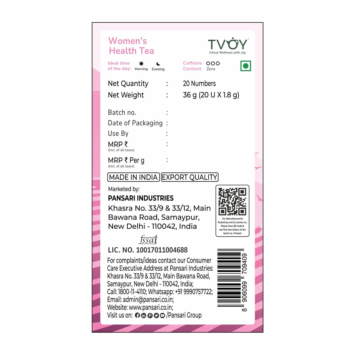 Tvoy Women's Health Flavored Tea package labels – nutritional details, net quantity and weight.