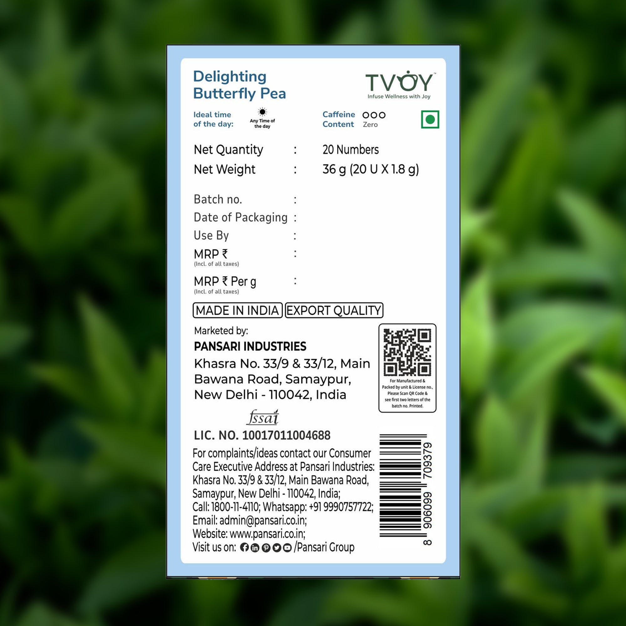 TVOY Butterfly Pea Blue Green Tea for Skin Glow & Hair Growth | Colour Changing | Caffeine Free | 20 Biodegradable Pyramid Tea Bags | No Plastic