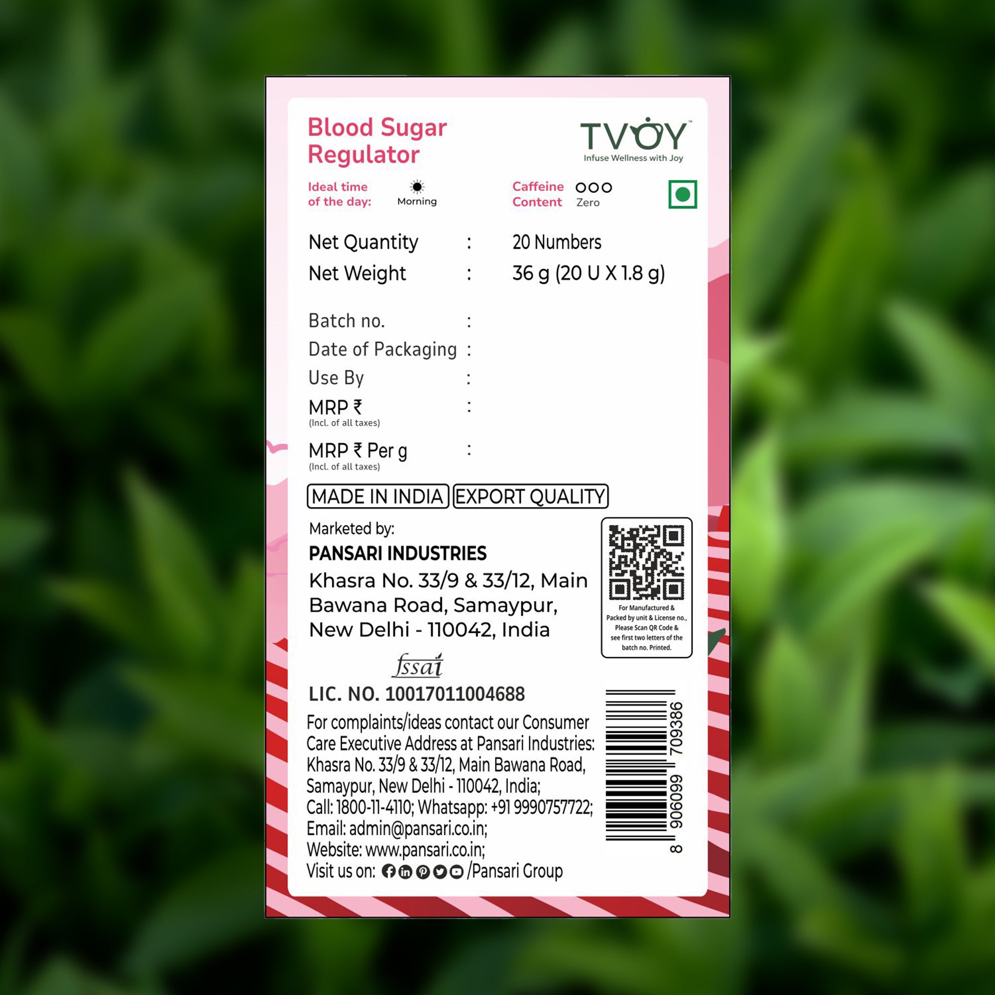 TVOY Blood Sugar Support Tea with Karela, Ginseng & Brahmi | 9 Ayurvedic Herbs | Naturally Sweetened with Stevia | 20 Biodegradable Pyramid Tea Bags | No Plastic