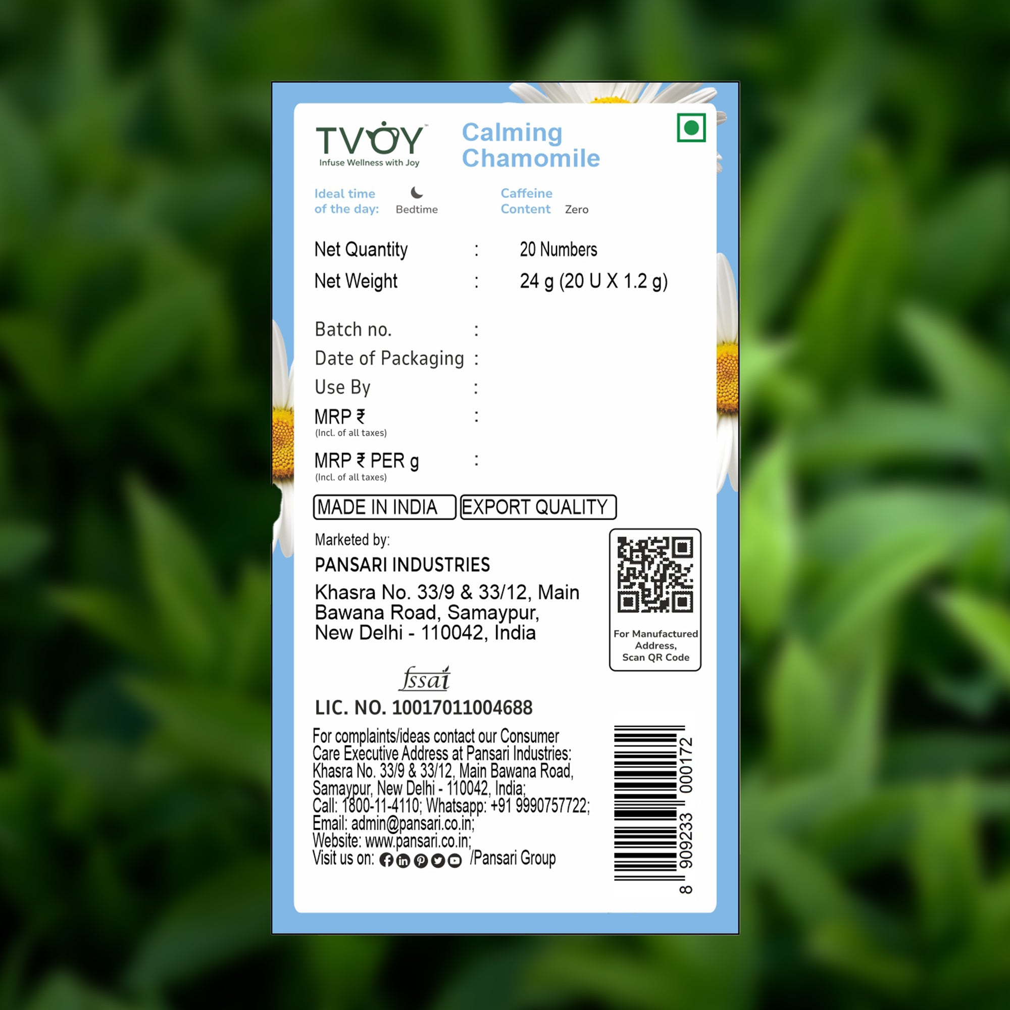 TVOY Pure Chamomile Tea for Sleep & Anxiety Relief | 100% Chamomile Flower | Caffeine Free | 20 Biodegradable Pyramid Tea Bags | No Plastic