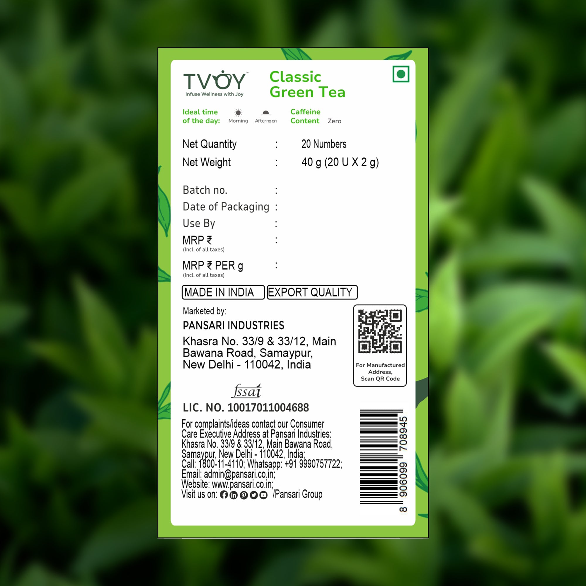 TVOY 100% Pure Green Tea for Weight Loss & Antioxidants | Single Ingredient, No Additives | 20 Biodegradable Pyramid Tea Bags | No Plastic
