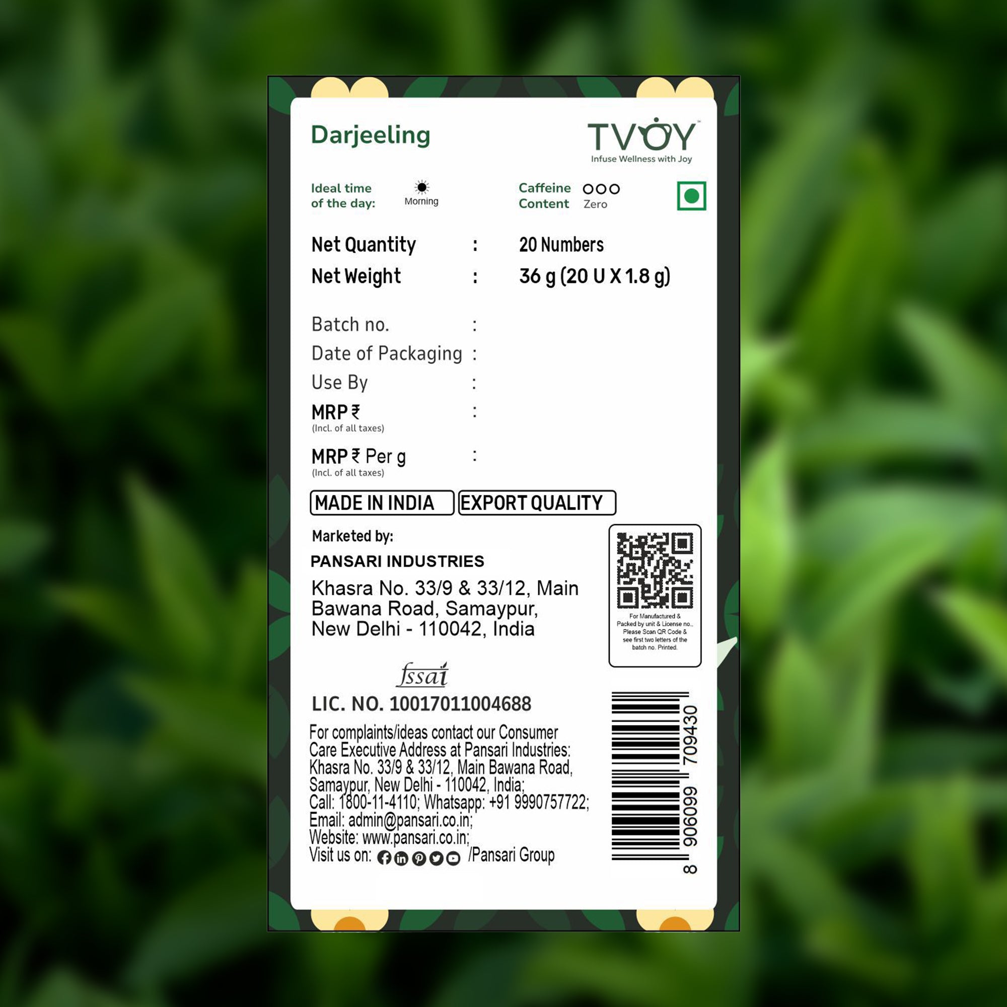 TVOY Pure Darjeeling Black Tea | Champagne of Teas | Muscatel Floral Notes | 20 Biodegradable Pyramid Tea Bags | No Plastic