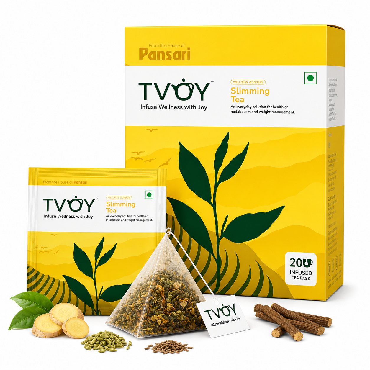 TVOY Slimming Herbal Tea for Weight Loss | Senna, Fennel & Cinnamon Blend | 20 Biodegradable Pyramid Tea Bags | No Plastic