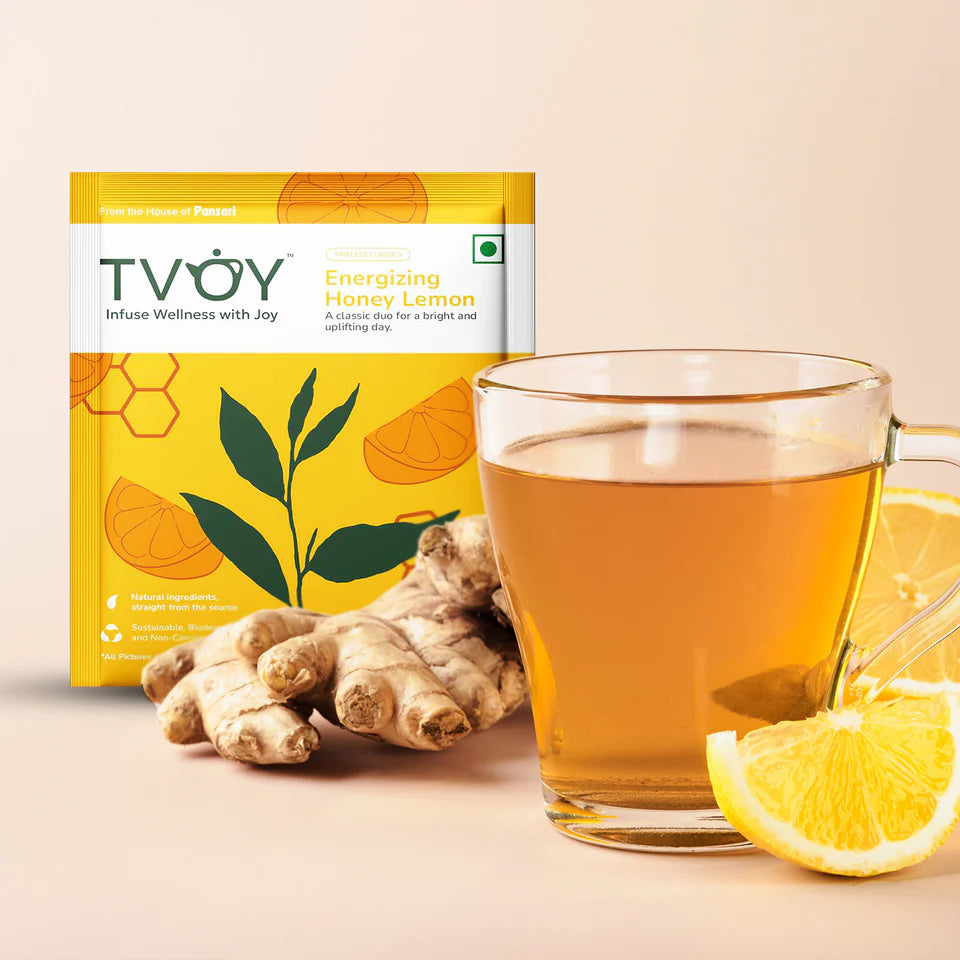 TVOY Honey Lemon Green Tea for Weight Loss | Real Honey Granule & Lemon Peel | 20 Biodegradable Pyramid Tea Bags | No Plastic