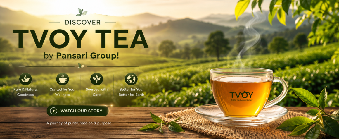 TVOY Tea advertisement with a cup of tea on a wooden table, surrounded by greenery and mountains.